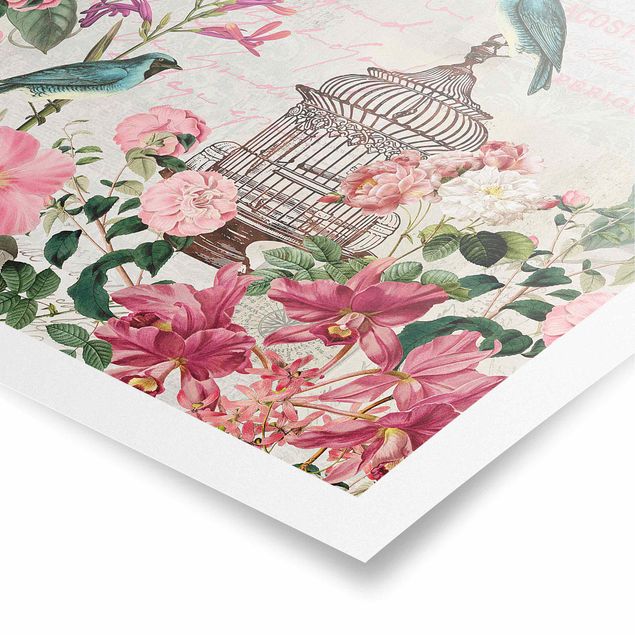 Schöne Wandbilder Shabby Chic Collage - Rosa Blüten und blaue Vögel
