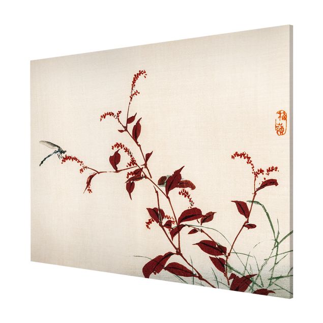 Magnettafel Blumen Asiatische Vintage Zeichnung Roter Zweig mit Libelle