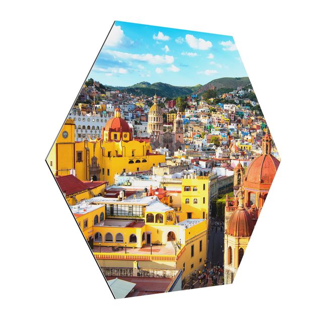 Hexagon Bild Alu-Dibond - Bunte Häuser Guanajuato