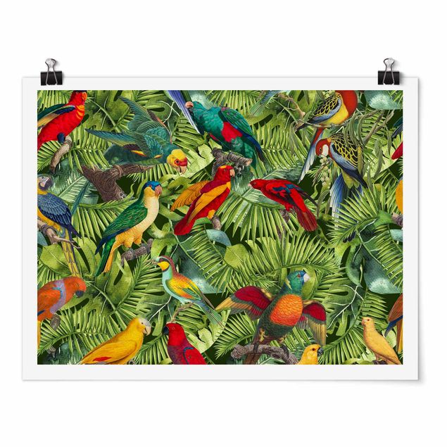 Poster Blumen Bunte Collage - Papageien im Dschungel