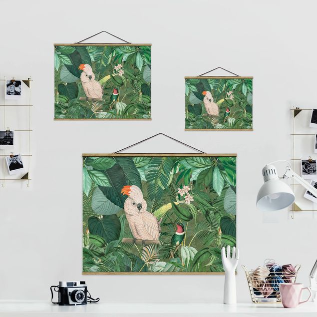 Stoffbild mit Posterleisten - Vintage Collage - Kakadu und Kolibri - Querformat 4:3