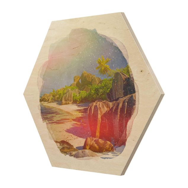 Hexagon Bild Holz - Wasserfarben - Traumstrand Seychellen