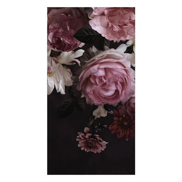 Duschrückwand - Rosa Blumen auf Schwarz Vintage