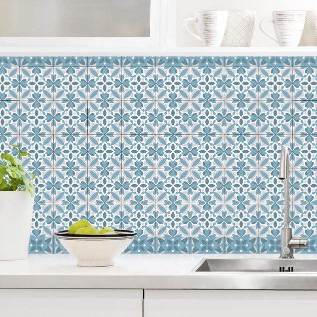 Küchenrückwände Platte Geometrischer Fliesenmix Blüte Blaugrau
