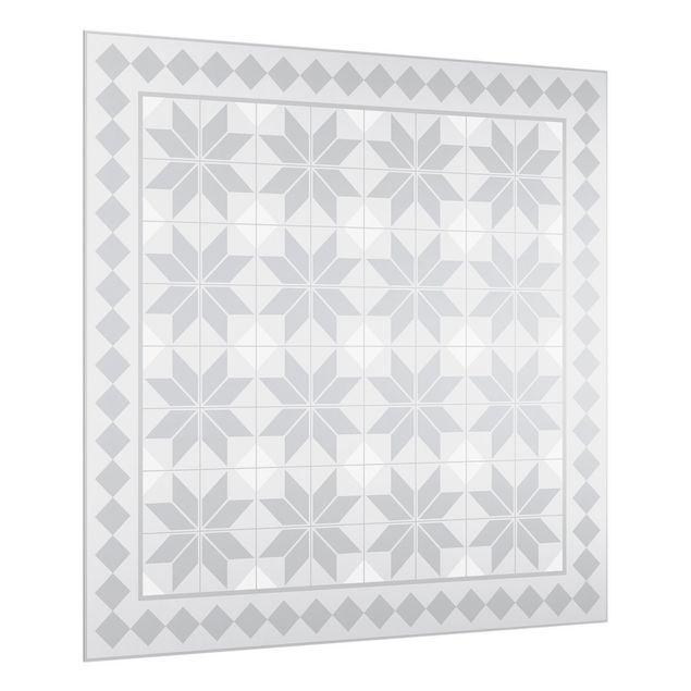 Glasrückwand Küche Muster Geometrische Fliesen Sternblume Grau mit Bordüre