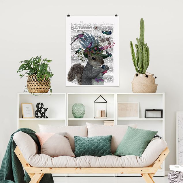 Poster Illustration Vogelfänger - Eichhörnchen mit Eicheln