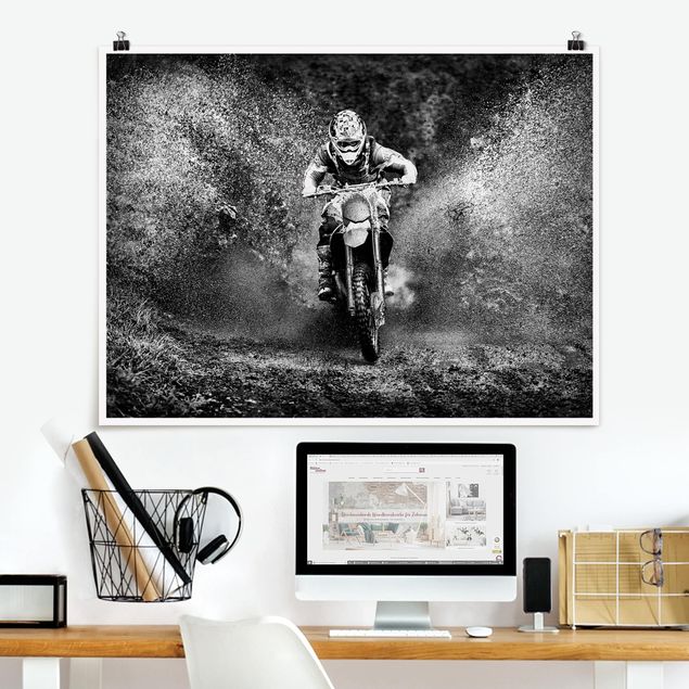Poster Schwarz Weiß Querformat Motocross im Schlamm