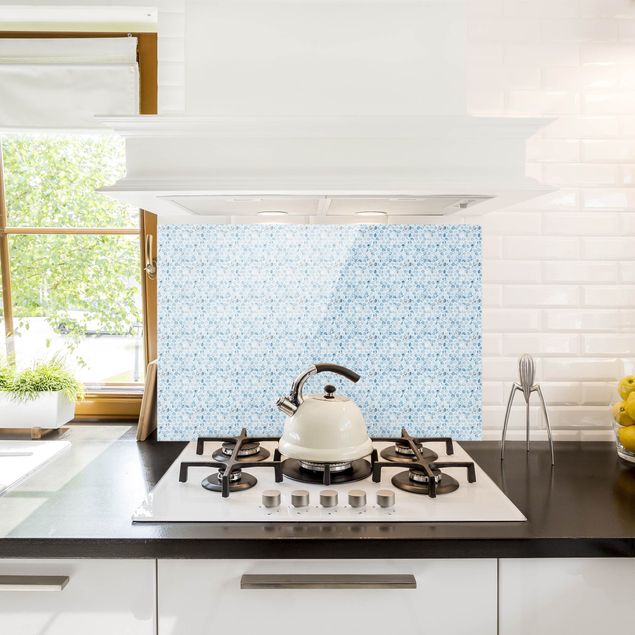 Küchenrückwand Glas Steinoptik Marmor Hexagone Blaue Schattierungen