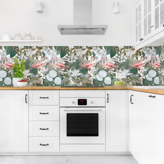 Küchenrückwand Muster Rosa Flamingos mit Blättern und weißen Blumen II