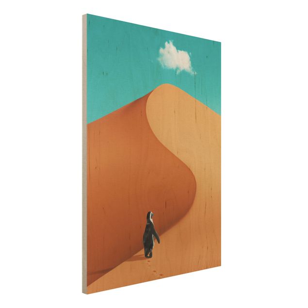 Holzbilder Natur Wüste mit Pinguin