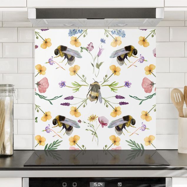 Spritzschutz Glas magnetisch Bienen mit Blumen