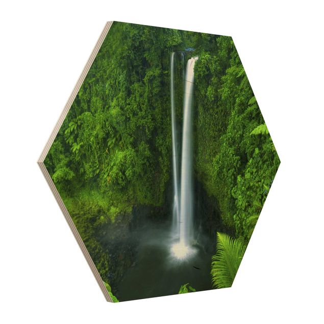 Hexagon Bild Holz - Paradiesischer Wasserfall