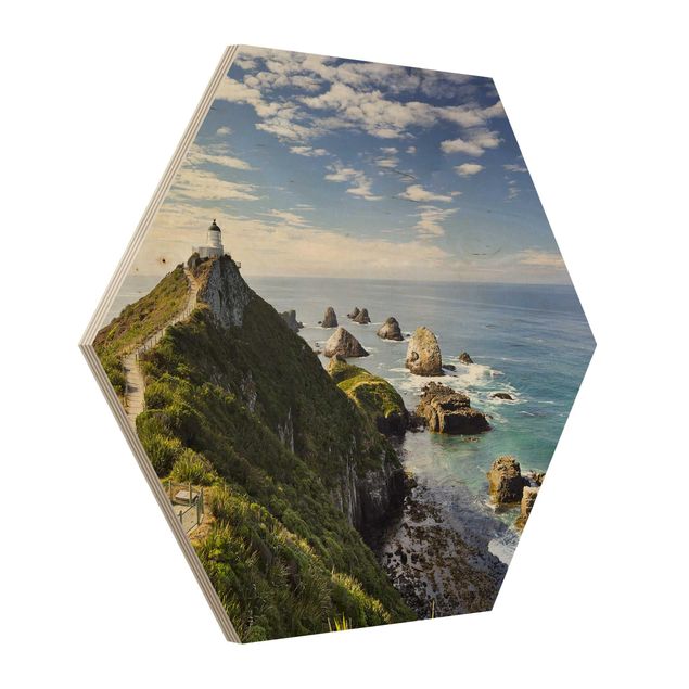Holzbilder Nugget Point Leuchtturm und Meer Neuseeland