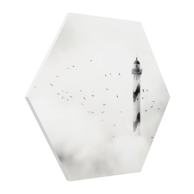 Hexagon Wandbilder Leuchtturm im Nebel