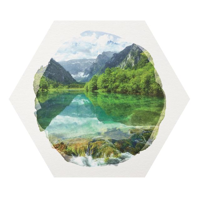 Hexagon Bild Forex - Wasserfarben - Bergsee mit Spiegelung