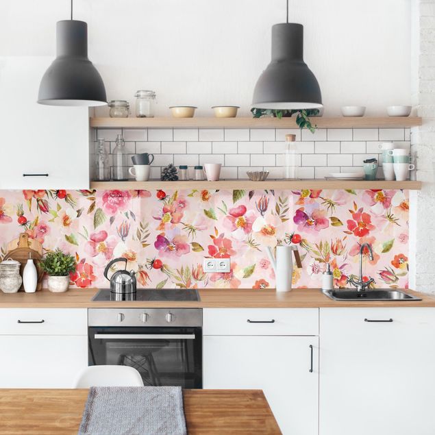 Küchenrückwand Muster Aquarellierte Blumen auf Rosa