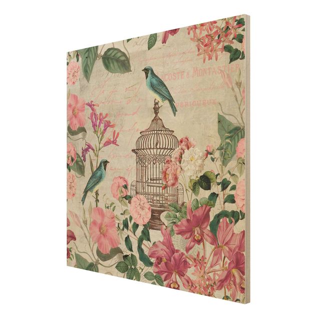 Moderne Holzbilder Shabby Chic Collage - Rosa Blüten und blaue Vögel