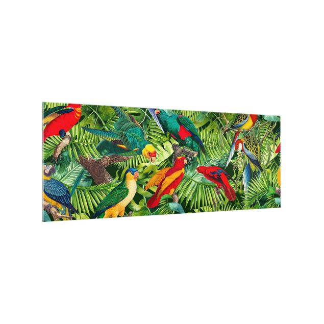 Küchenrückwand Glas Muster Bunte Collage - Papageien im Dschungel