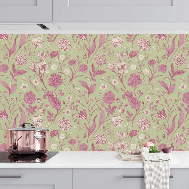 Küchenrückwände Platte Blumentanz in Mint-Grün und Rosa Pastell II