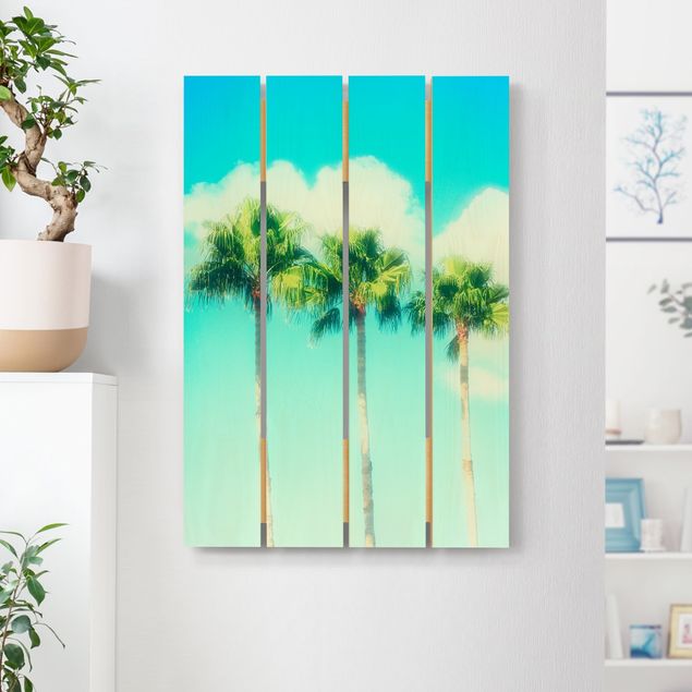 Holzbild Blumen Palmen vor Himmel Blau