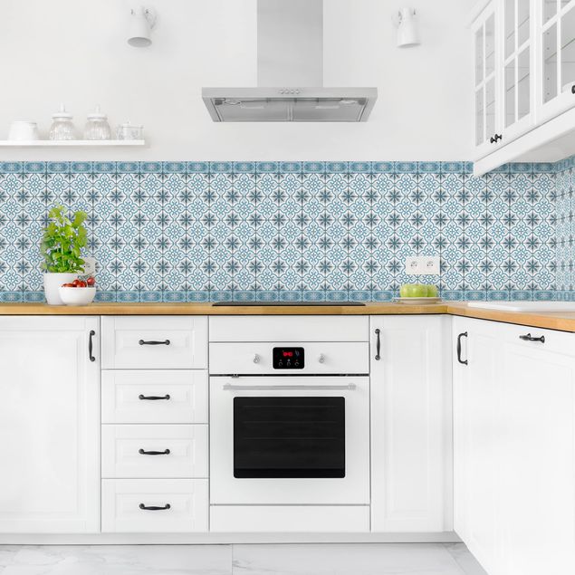 Rückwand Küche Fliesenoptik Geometrischer Fliesenmix Kreuz Blaugrau