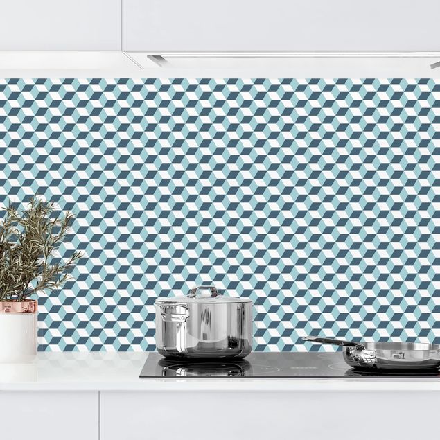 Küchenrückwände Platte Geometrischer Fliesenmix Würfel Türkis