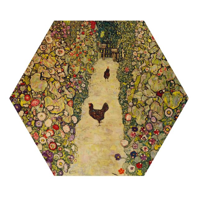 Wandbild Holz Gustav Klimt - Gartenweg mit Hühnern
