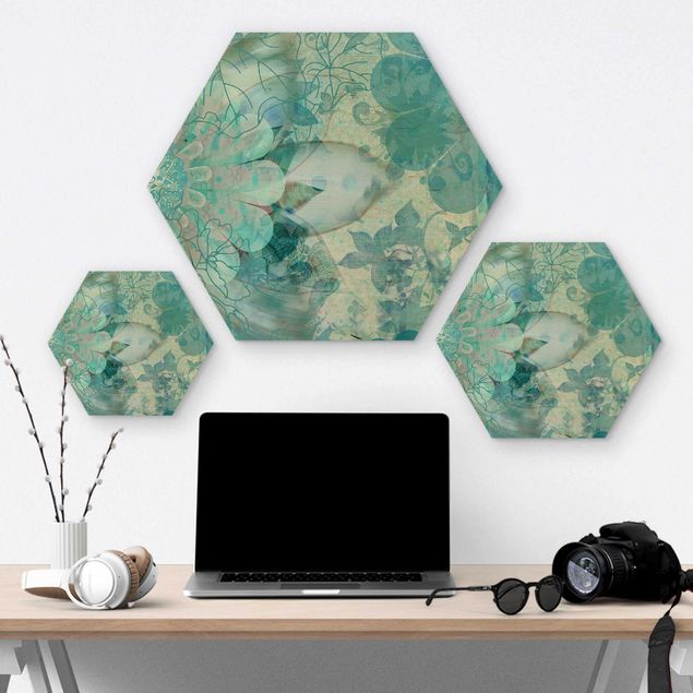Hexagon Bild Holz - Winterblumen