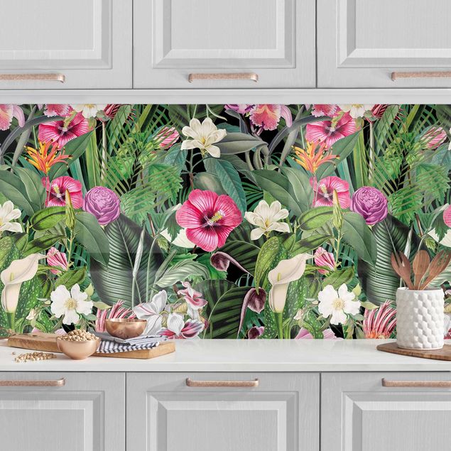 Küchenrückwände Platte Bunte tropische Blumen Collage