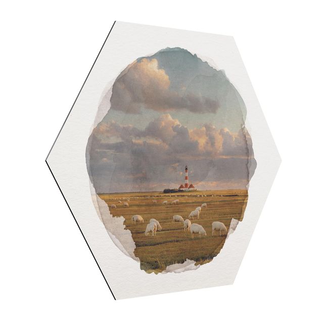 Hexagon Bild Alu-Dibond - Wasserfarben - Nordsee Leuchtturm mit Schafsherde