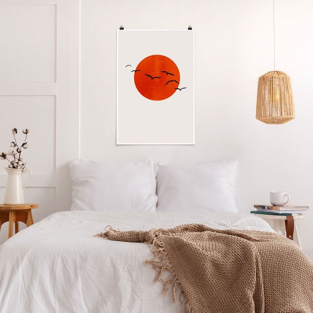 Kunstkopie Poster Vogelschwarm vor roter Sonne I