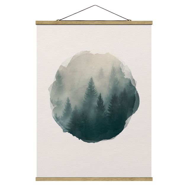 Stoffbild mit Posterleisten - Wasserfarben - Nadelwald im Nebel - Hochformat 3:4