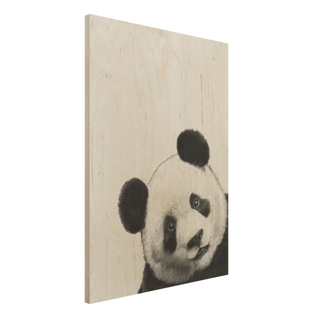 Holzbild - Illustration Panda Schwarz Weiß Malerei - Hochformat 4:3