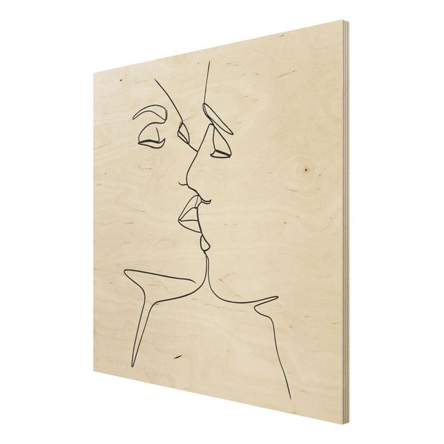 Moderne Holzbilder Line Art Kuss Gesichter Schwarz Weiß