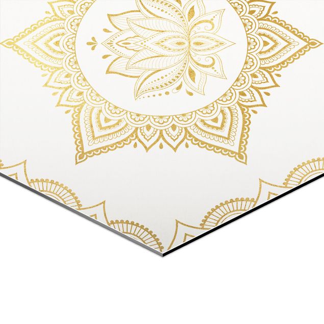 Hexagon Bild Alu-Dibond 3-teilig - Hamsa Hand Lotus OM Illustration Set Gold