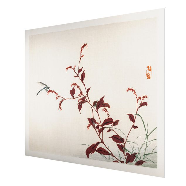 Alu Dibond Bilder Asiatische Vintage Zeichnung Roter Zweig mit Libelle