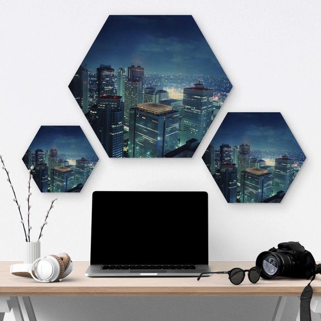 Hexagon Bild Holz - Die Atmosphäre Tokios