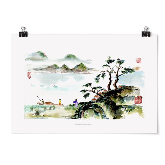 Schöne Wandbilder Japanische Aquarell Zeichnung See und Berge