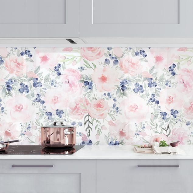 Küchenrückwände Platte Rosa Rosen mit Blaubeeren vor Weiß I
