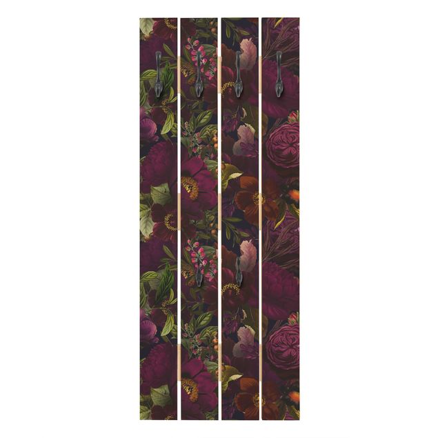 Wandgarderobe Holz - Lila Blüten Dunkel - Haken chrom Hochformat