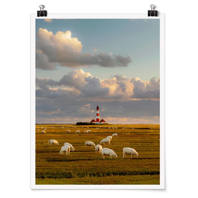 Wandbilder Nordsee Leuchtturm mit Schafsherde