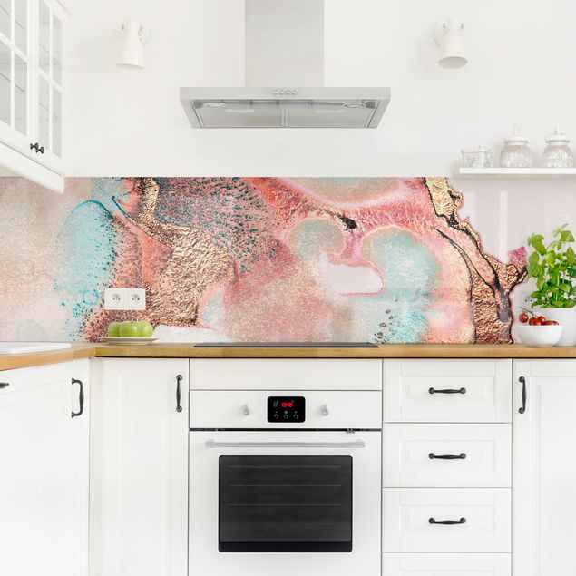 Küchenrückwand abstrakt Goldenes Aquarell Rosé