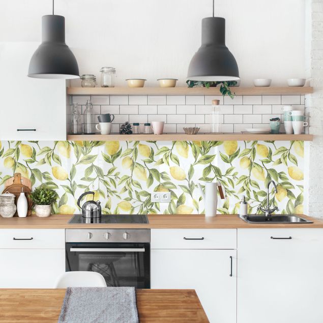 Küchenrückwand Gemüse Fruchtige Zitronen mit Blättern II