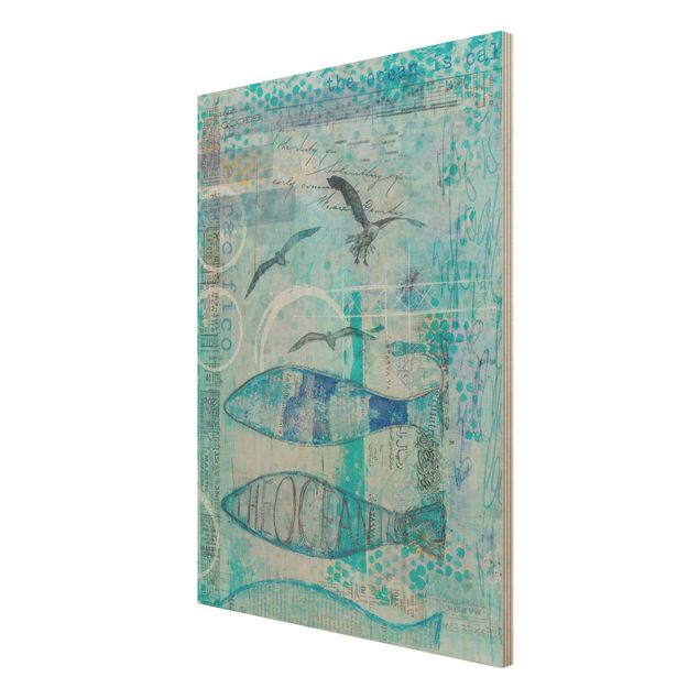 Wandbild Holz Bunte Collage - Blaue Fische