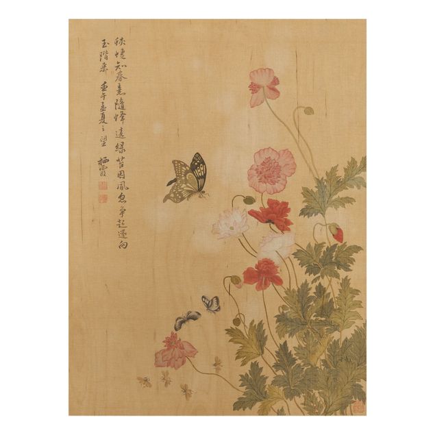 Holzbild - Yuanyu Ma - Mohnblumen und Schmetterlinge - Hochformat 4:3