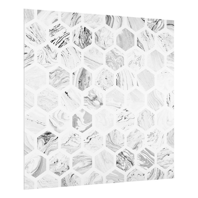 Muster Küchenrückwand Glas Marmor Hexagone in Graustufen
