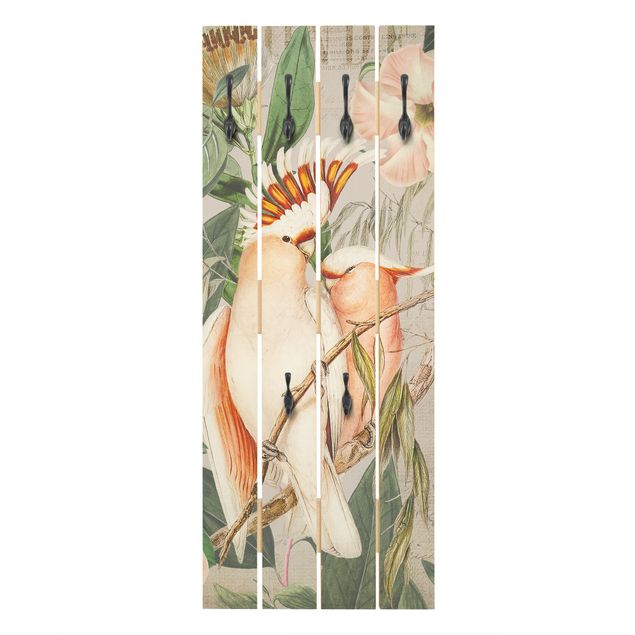 Wandgarderobe Holz - Colonial Style Collage - Rosa Kakadu - Haken chrom Hochformat