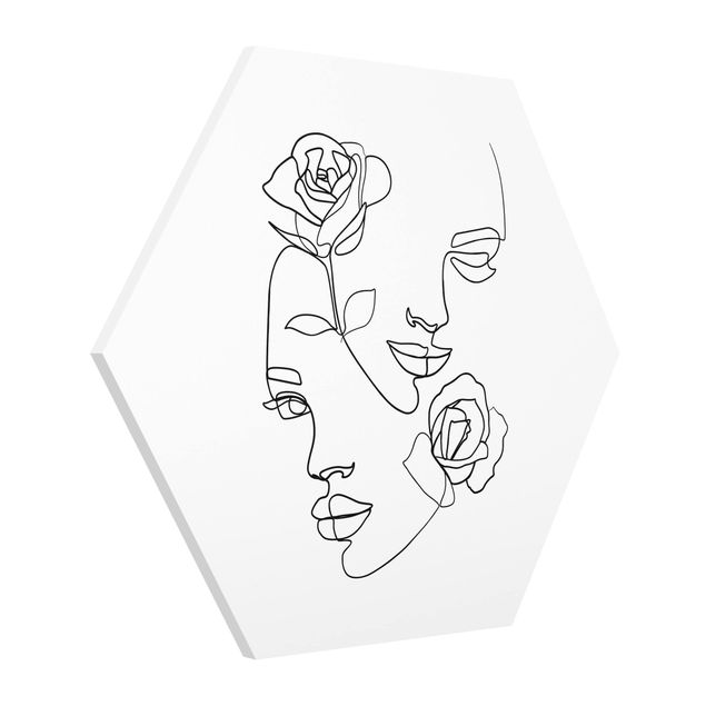 Hexagon Bild Forex - Line Art Gesichter Frauen Rosen Schwarz Weiß