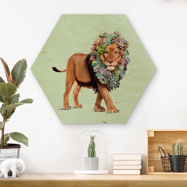 Moderne Holzbilder Löwe mit Sukkulenten