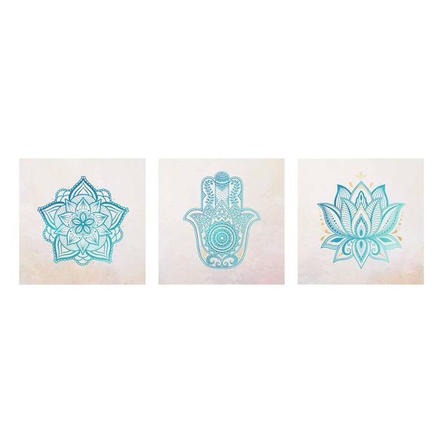 Glasbilder Mandala Hamsa Hand Lotus Set gold blau